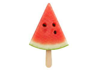 A juicy watermelon slice popsicle captured in vibrant detail, showing red flesh, black seeds, and a summer-fresh appeal—perfectly isolated on transparent background for creative food and fruit designs