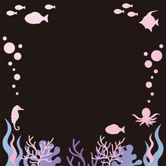 フレーム　夏　海　シルエット　魚　海藻　デザイン　テンプレート　コピースペース　背景　イラスト素材