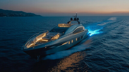Naklejka premium Luxury yacht cruising on calm ocean at night with soft lights, leaving space on the side for captions. Perfect for travel, lifestyle, or maritime visuals.