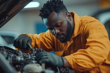 African American mechanic in yellow worksuit repairs a car engine. Great for automotive, mechanic, or small business advertising use.