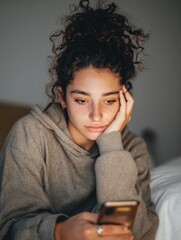 Teen Studies Symptoms of Poisoning on Smartphone While Seated in Cozy Bedroom at Night