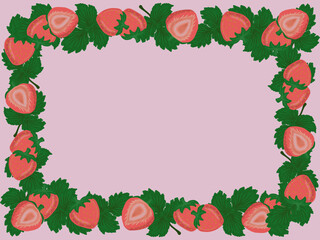 Strawberry and green leaves frame with pink background, which makes the strawberries and leaves stand out more.