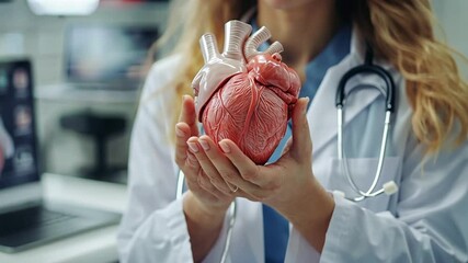 Medical professional demonstrates a human heart model, showcasing details for educational purposes, the perfect video for cardiology students or anyone interested in human anatomy study - Powered by Adobe