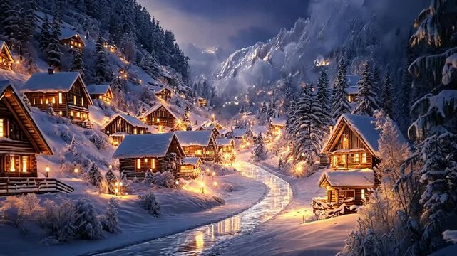 A picturesque winter village nestled in the snowy mountains, featuring cozy cabins with glowing lights, a meandering stream, and snow-covered evergreen trees, evoking a sense of peace and wonder