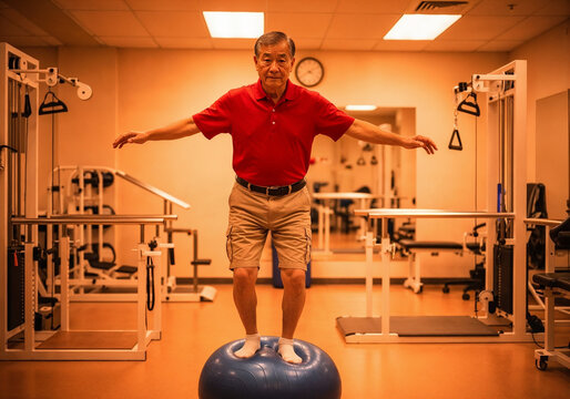 Surreal Image of Focused Senior Man Balancing on Fitness Ball

