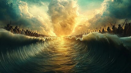 Epic sea parting visual narrative, cinematic scene of dramatic ocean split with biblical undertones and ethereal light, digital artwork showing a powerful spectacle