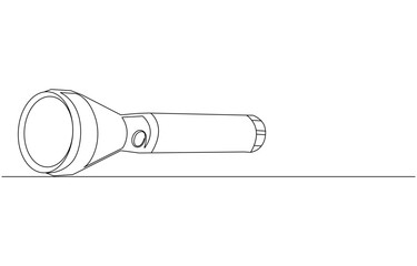 Line drawing of a flashlight lying on a surface, Continuous Line Drawing of a Flashlight, Single-Line Drawing of a Powerful Flashlight