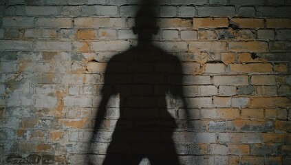 Man's shadow is cast on a brick wall