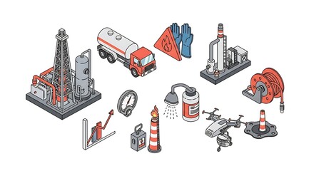 Naklejka premium Isometric Oil and Gas Industry Icons Collection Illustration