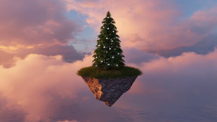 Christmas tree is floating in the air above a body of water. The scene is serene and peaceful, with the tree standing out against the cloudy sky. Concept of wonder and magic