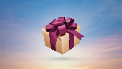 Gold box with a purple bow on top of a blue sky. The box is a gift and the blue sky is a backdrop
