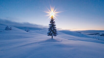 Small tree is standing in the snow on a hill