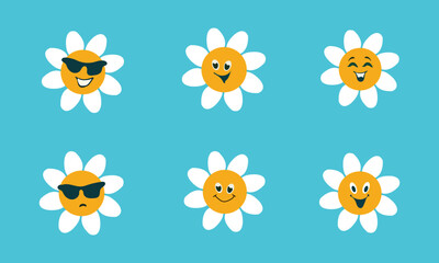 Daises with cute faces cartoon illustration set. Happy white camomiles characters smiling or laughing, expressing different emotions on blue background.
