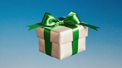 White box with a green bow on top of it. The box is sitting on a blue background