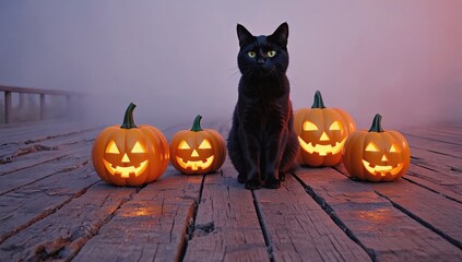 Black cat is sitting in front of a row of pumpkins