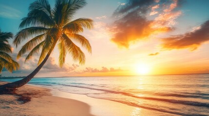 Captivating tropical beach landscape during stunning sunset with palm trees