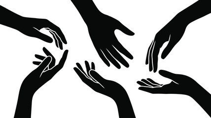 Silhouetted black hands reaching out in various gestures depicting communication and support on a white background