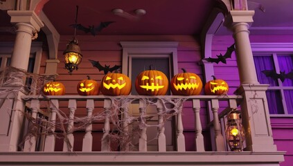 Porch with a railing and a bunch of pumpkins on it. The pumpkins are orange and have scary faces on them. The porch is decorated for Halloween