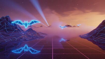Neon bat flying in the sky above a mountain range. The bat is surrounded by a blue light, and the sky is filled with other bats. The scene is set in a futuristic world