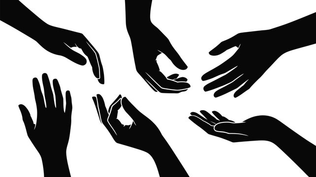 Silhouetted black hands in various positions conveying gestures of reaching giving and receiving on white background