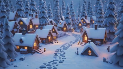 Snowy village with houses and a path. The houses are small and have a cozy, warm feeling. The path is lit up with lights, creating a peaceful and serene atmosphere