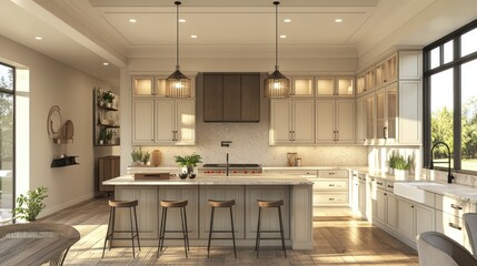 Fototapeta premium Modern Farmhouse Kitchen Interior with Island and Natural Light