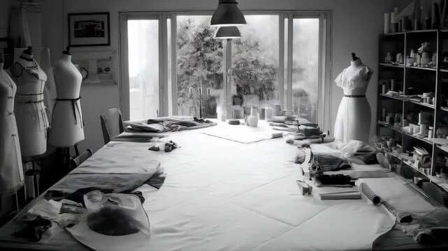 Fashion design studio interior with mannequins, large table with fabric, shelving, and a window with trees in black and white tones.