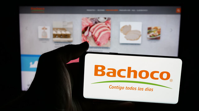 Stuttgart, Germany - 05-15-2025: Person holding mobile phone with logo of company Industrias Bachoco S.A. de C.V. on screen in front of web page. Focus on phone display.