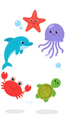 Fototapeta premium Colorful cartoon sea creatures including a dolphin, crab, starfish, jellyfish, and turtle surrounded by bubbles in a playful underwater scene