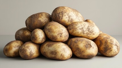Pile of dirty potatoes on a plain background