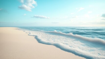 Fototapeta premium Pristine beach sunrise; tranquil ocean waves. Possible use Travel brochure, relaxation website, nature background