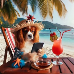 A cute dog wearing a wide-brimmed hat types on a laptop. The image, which depicts a tropical beach with a bright blue ocean and a decorated drink, represents work-life balance, travel and leisure.