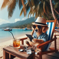 Dog enjoying a beach vacation while working. Generative AI