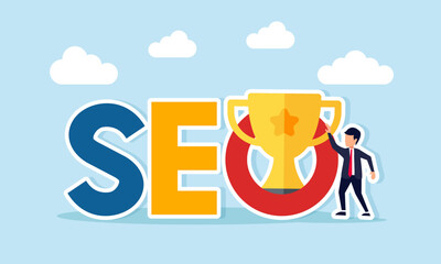 Businessman standing next to SEO text with a trophy illustration of applying keyword search engine optimization to maintain business consistency as a leading company