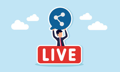 Businessman emerging from behind a live sign holding a share icon illustration of sharing business information
