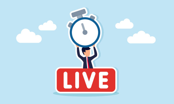 Businessman emerging from behind a live sign holding a stopwatch illustration of business multimedia live broadcast timeline