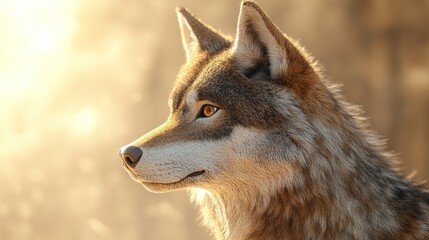 Wolf profile in golden sunlight forest background. Possible use nature, wildlife, animal