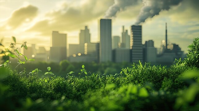 Close up of carbon-neutral industrial parks designed with eco-friendly manufacturing processes, renewable energy, and waste reduction strategies to minimize the carbon footprint of production