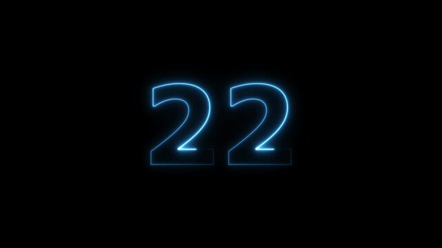  twenty two number display neon bright flat style royal blue color animation. Glowing  royal blue neon countdown timer 22 number animation on black background.
