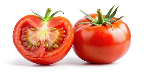 Fototapeta premium Detailed Description of Realistic and Vibrant Close-Up of Two Tomatoes ? One Whole and the Other Sliced in Half Revealing Interior