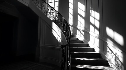 A captivating monochrome stairwell with ornate railing bathed in sunlight