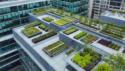 Rooftop garden with many plants and a view of a city. The garden is full of greenery and is a beautiful sight
