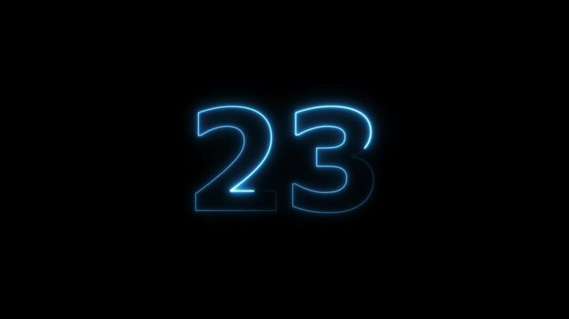 twenty three number display neon bright flat style royal blue color animation. Glowing  royal blue neon countdown timer 23 number animation on black background.