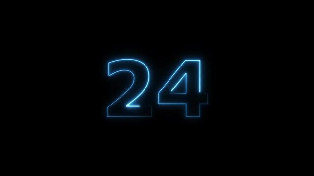 twenty four number display neon bright flat style royal blue color animation. Glowing  royal blue neon countdown timer 24 number animation on black background.