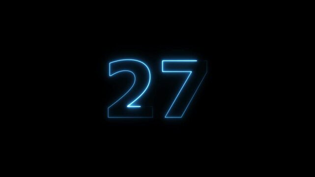  twenty seven number display neon bright flat style royal blue color animation. Glowing  royal blue neon countdown timer 27 number animation on black background.