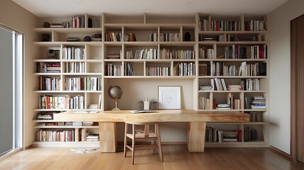 Inviting home library featuring extensive bookshelves and natural wood desk space