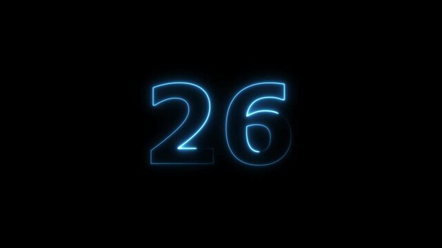  twenty six number display neon bright flat style royal blue color animation. Glowing  royal blue neon countdown timer 26 number animation on black background.