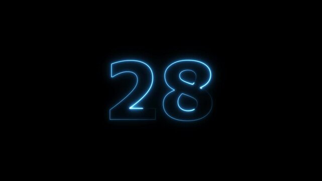  twenty eight number display neon bright flat style royal blue color animation. Glowing  royal blue neon countdown timer 28 number animation on black background.