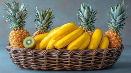 Exotic Harvest: A Woven Basket Overflowing with Tropical Delights and Vibrant Colors Capturing the Essence of Natural Sweetness and Refreshment
