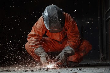 Welder in orange jumpsuit welds metal with safety helmet and gloves. Use it for themes like industry, safety, or dangerous professions.
